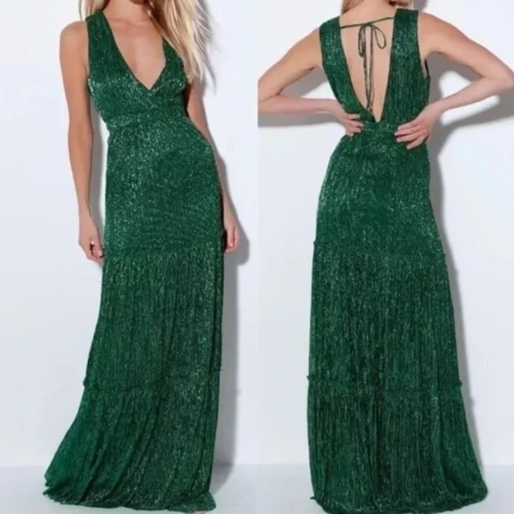 Lulus Falling Star Gown Maxi Dress XL Emerald‎ Green Metallic Tiered A-Line Glam